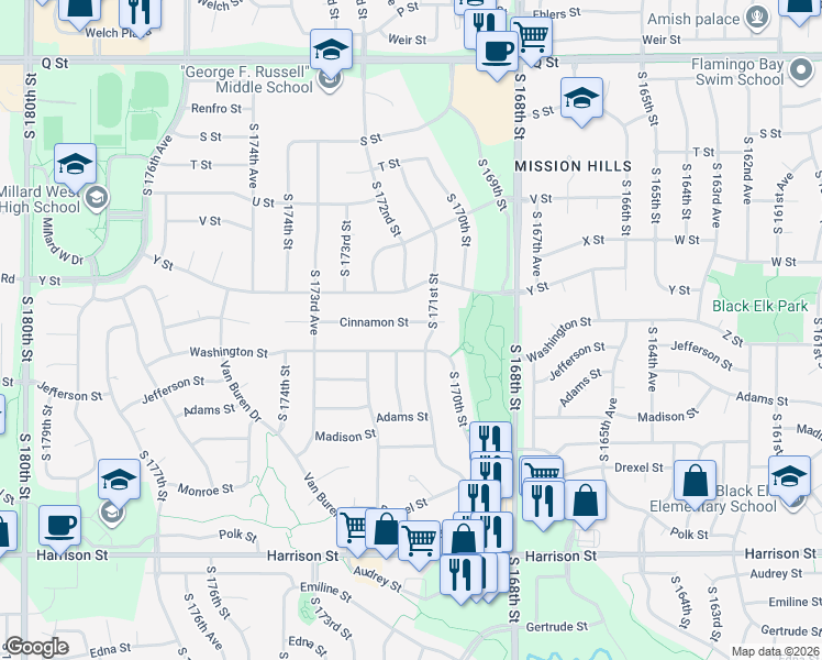 map of restaurants, bars, coffee shops, grocery stores, and more near 17117 Cinnamon Street in Omaha