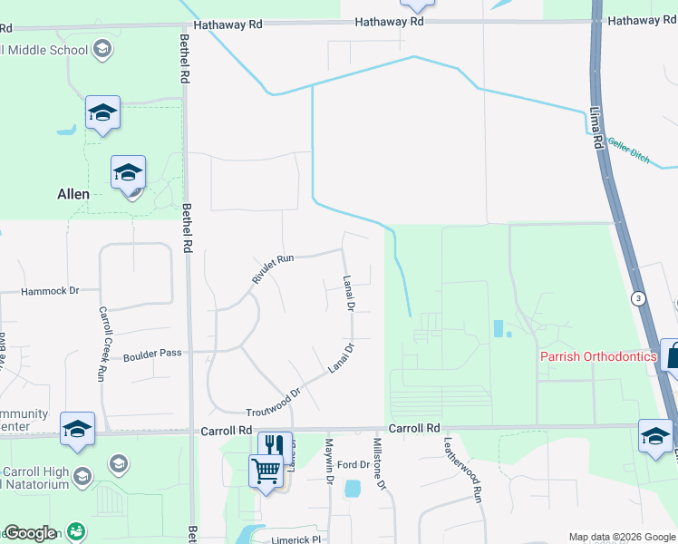 map of restaurants, bars, coffee shops, grocery stores, and more near 12421 Lanai Drive in Fort Wayne