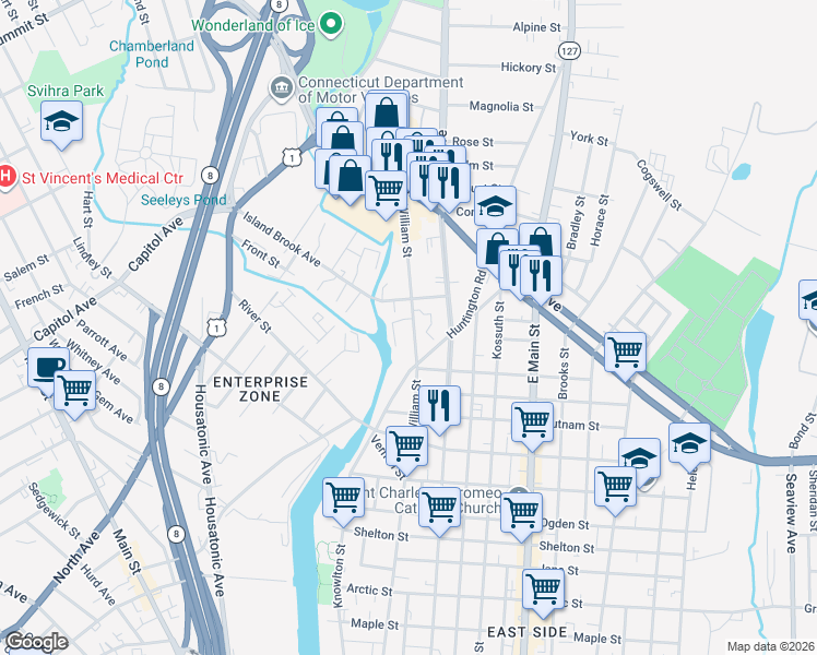 map of restaurants, bars, coffee shops, grocery stores, and more near 964 William Street in Bridgeport