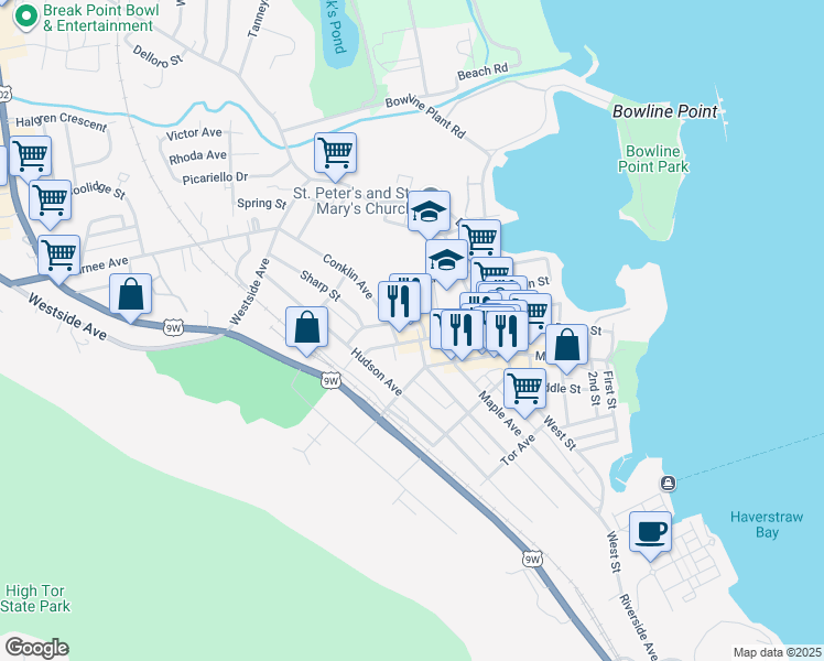 map of restaurants, bars, coffee shops, grocery stores, and more near 56 West Broad Street in Haverstraw