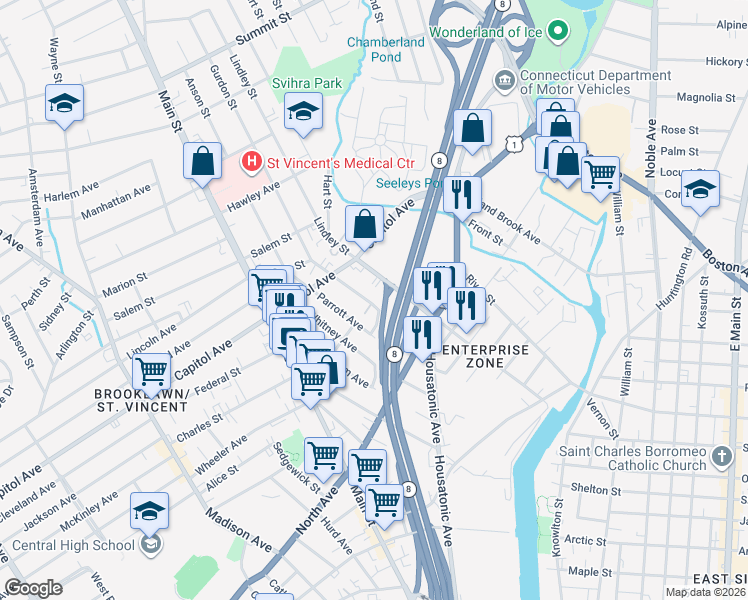 map of restaurants, bars, coffee shops, grocery stores, and more near 136 French Street in Bridgeport