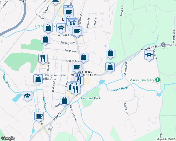 map of restaurants, bars, coffee shops, grocery stores, and more near 15 South Bedford Road in Mount Kisco