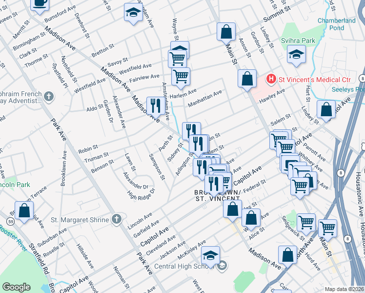 map of restaurants, bars, coffee shops, grocery stores, and more near 29 Sidney Street in Bridgeport