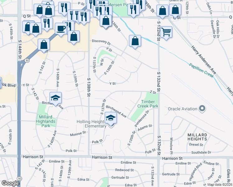 map of restaurants, bars, coffee shops, grocery stores, and more near 13636 Z Street in Omaha