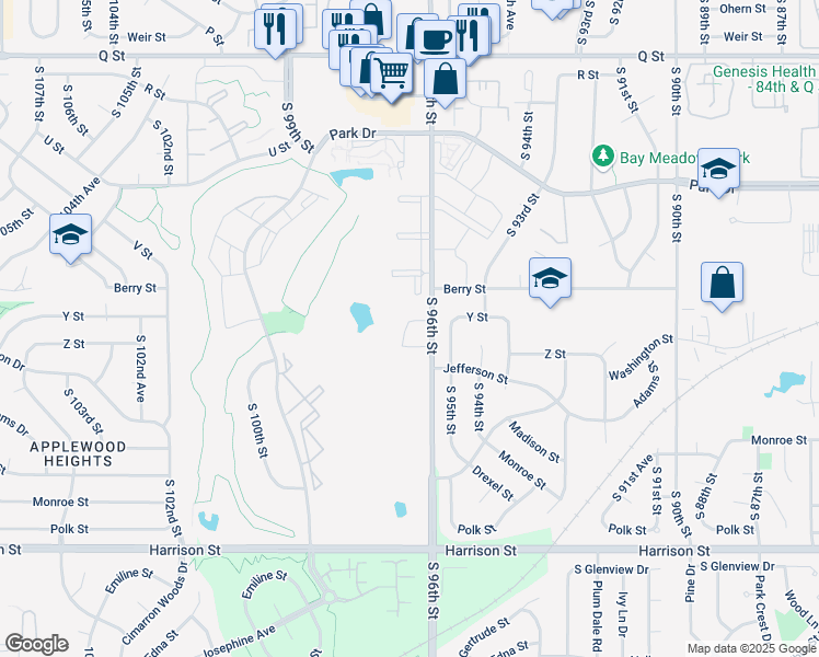 map of restaurants, bars, coffee shops, grocery stores, and more near 6123 South 96th Court in Omaha