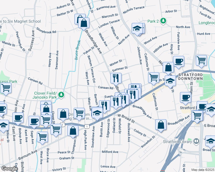 map of restaurants, bars, coffee shops, grocery stores, and more near 37 Jesse Avenue in Stratford