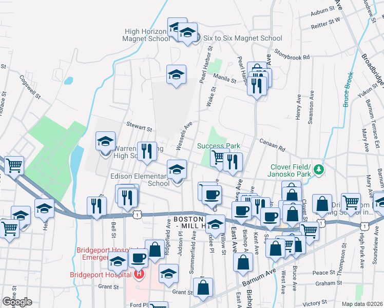 map of restaurants, bars, coffee shops, grocery stores, and more near 28 Velvet Street in Bridgeport