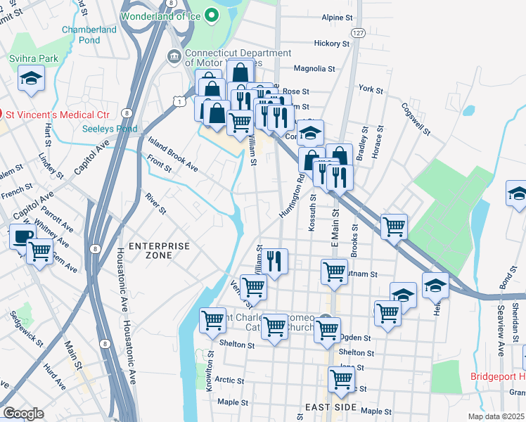 map of restaurants, bars, coffee shops, grocery stores, and more near 964 William Street in Bridgeport