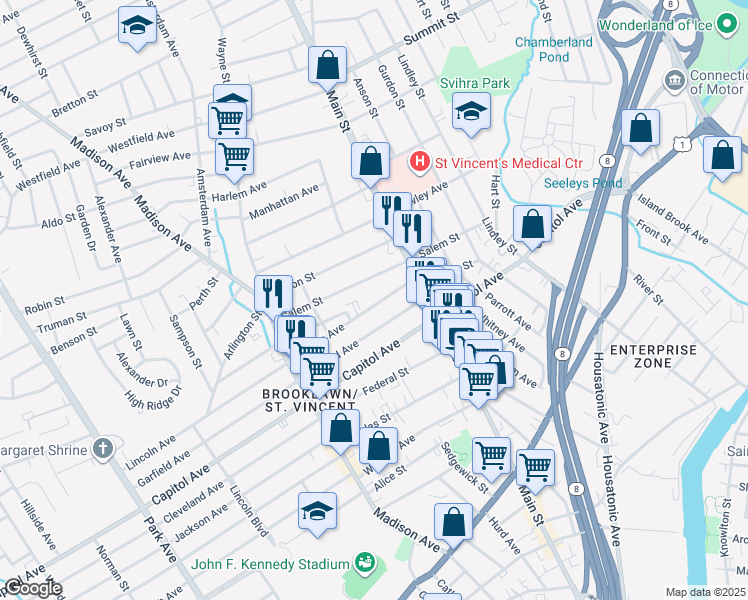 map of restaurants, bars, coffee shops, grocery stores, and more near 100 Lincoln Avenue in Bridgeport
