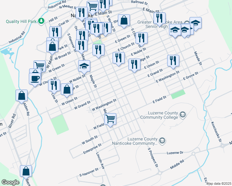 map of restaurants, bars, coffee shops, grocery stores, and more near 25 East Grand Street in Nanticoke
