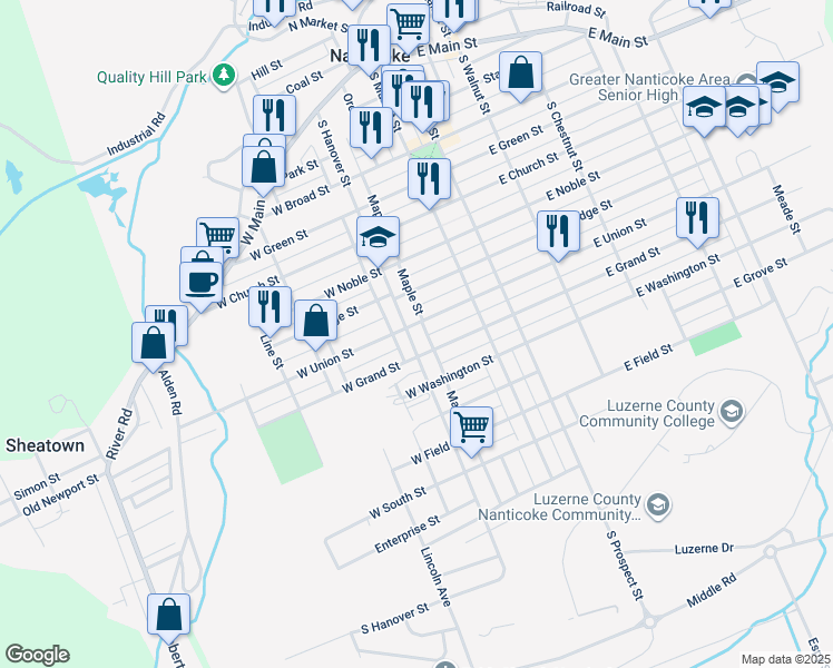 map of restaurants, bars, coffee shops, grocery stores, and more near 71 West Ridge Street in Nanticoke
