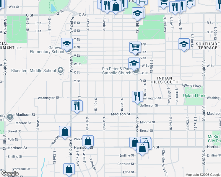 map of restaurants, bars, coffee shops, grocery stores, and more near 6013 South 39th Street in Omaha