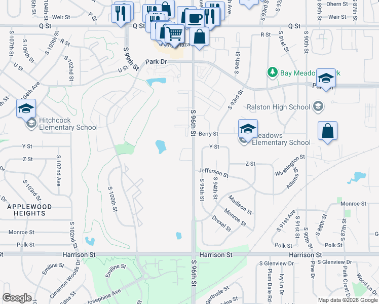 map of restaurants, bars, coffee shops, grocery stores, and more near 6110 South 96th Court in Omaha