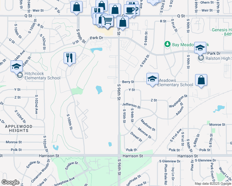 map of restaurants, bars, coffee shops, grocery stores, and more near 6123 South 96th Court in Omaha