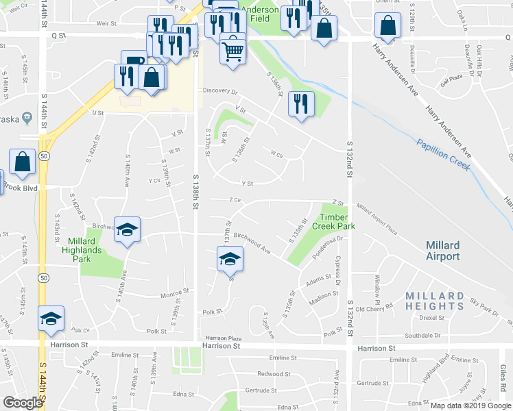 map of restaurants, bars, coffee shops, grocery stores, and more near 13636 Z Street in Omaha