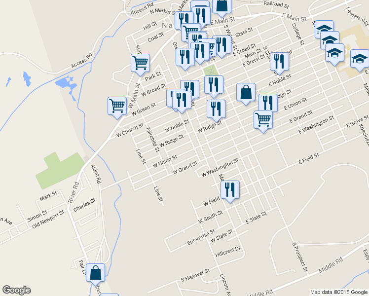map of restaurants, bars, coffee shops, grocery stores, and more near 130 West Union Street in Nanticoke