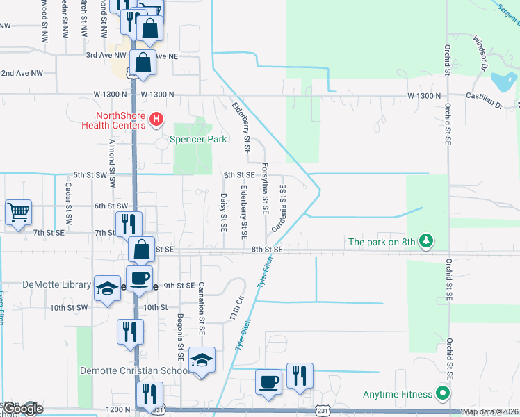 map of restaurants, bars, coffee shops, grocery stores, and more near 545 Forsythia Street Southeast in De Motte