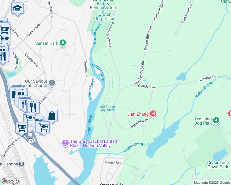 map of restaurants, bars, coffee shops, grocery stores, and more near 35 Quaker Bridge Road in Ossining