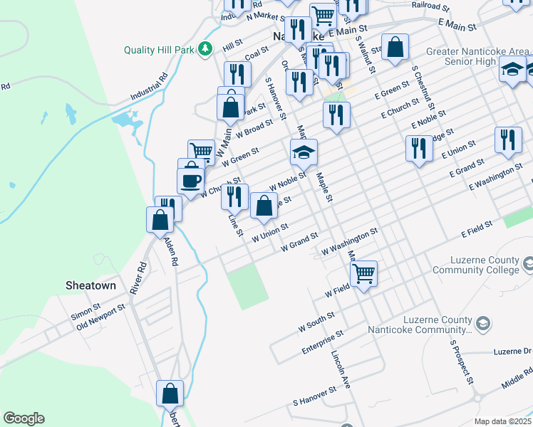map of restaurants, bars, coffee shops, grocery stores, and more near 137 West Ridge Street in Nanticoke