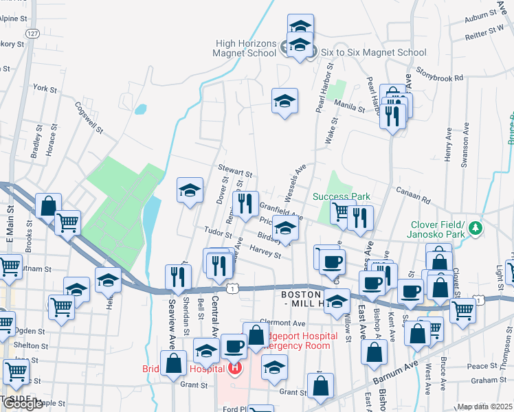 map of restaurants, bars, coffee shops, grocery stores, and more near 320 Palisade Avenue in Bridgeport