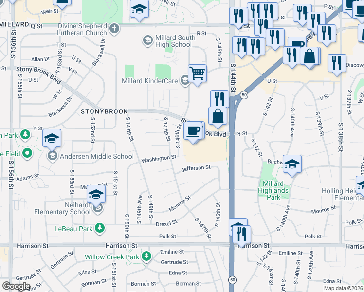 map of restaurants, bars, coffee shops, grocery stores, and more near 14591 Stoney Brook Boulevard in Omaha