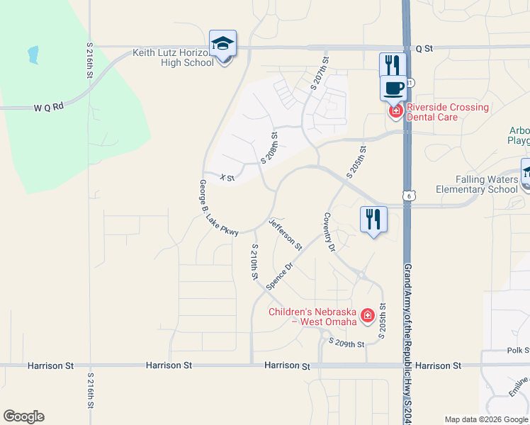 map of restaurants, bars, coffee shops, grocery stores, and more near 20946 George B. Lake Parkway in Omaha