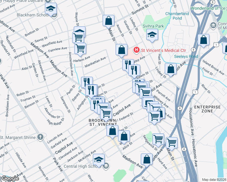 map of restaurants, bars, coffee shops, grocery stores, and more near 365 Salem Street in Bridgeport