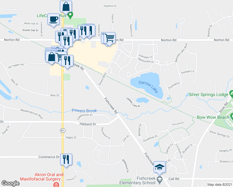 map of restaurants, bars, coffee shops, grocery stores, and more near 4926 Spring Run Court in Stow