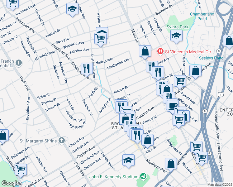map of restaurants, bars, coffee shops, grocery stores, and more near 307 Marion Street in Bridgeport