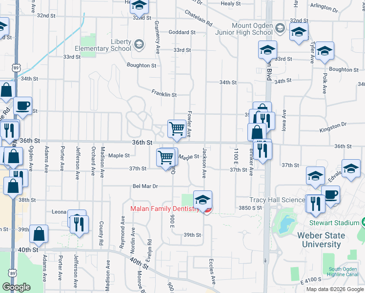 map of restaurants, bars, coffee shops, grocery stores, and more near 925 36th Street in Ogden
