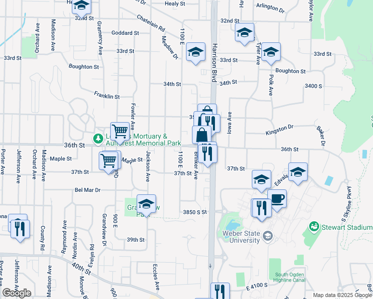 map of restaurants, bars, coffee shops, grocery stores, and more near 1125 36th Street in Ogden