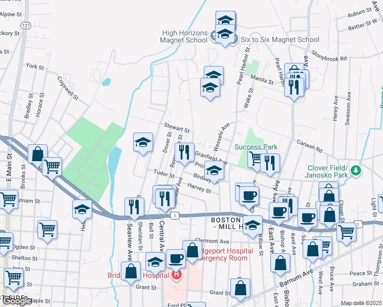 map of restaurants, bars, coffee shops, grocery stores, and more near 275 Palisade Avenue in Bridgeport