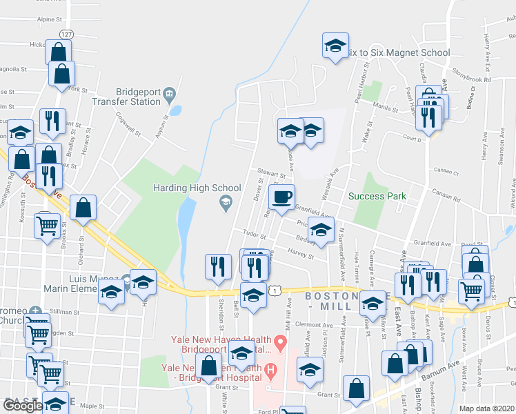 map of restaurants, bars, coffee shops, grocery stores, and more near 310 Dover Street in Bridgeport