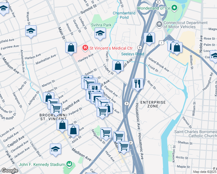 map of restaurants, bars, coffee shops, grocery stores, and more near 197 French Street in Bridgeport