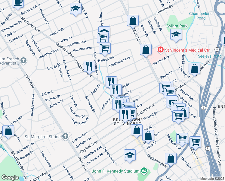 map of restaurants, bars, coffee shops, grocery stores, and more near 4 Wayne Street in Bridgeport