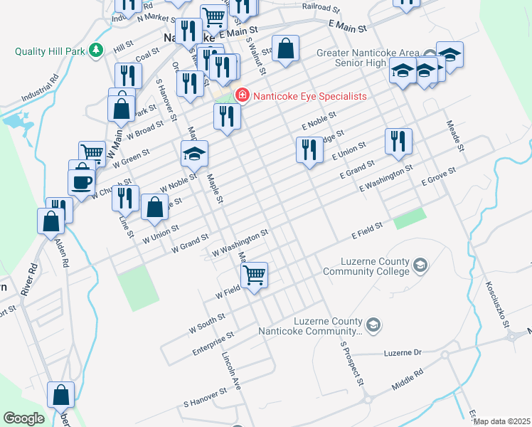 map of restaurants, bars, coffee shops, grocery stores, and more near 25 East Grand Street in Nanticoke