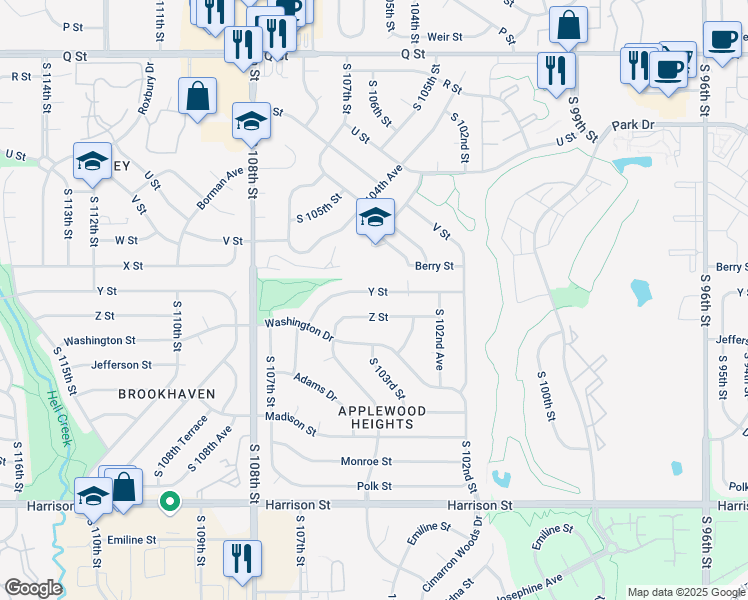 map of restaurants, bars, coffee shops, grocery stores, and more near 10411 Y Street in Omaha