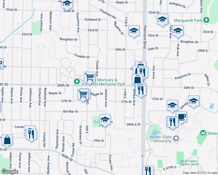 map of restaurants, bars, coffee shops, grocery stores, and more near 1009 36th Street in Ogden
