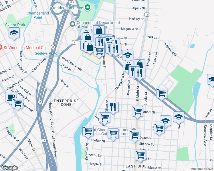 map of restaurants, bars, coffee shops, grocery stores, and more near 964 William Street in Bridgeport