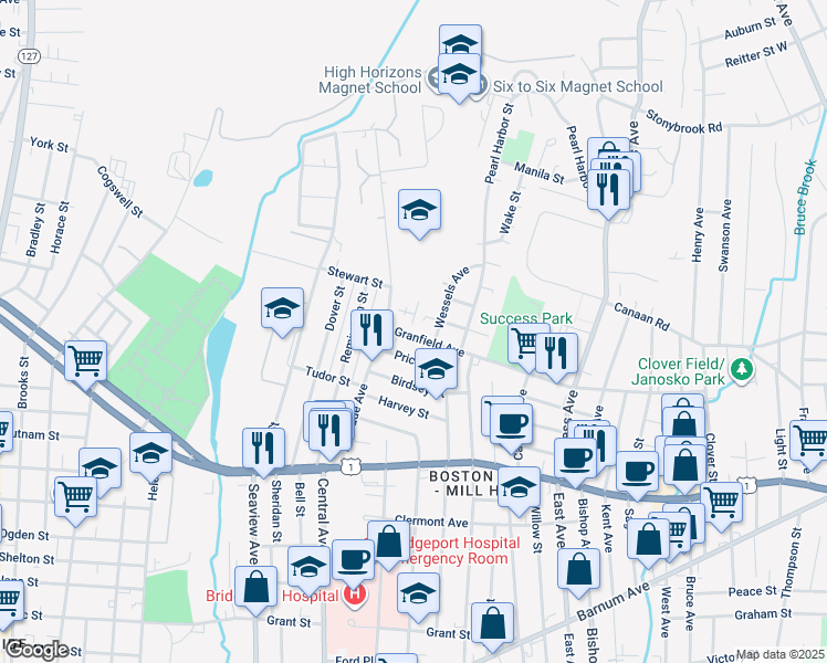 map of restaurants, bars, coffee shops, grocery stores, and more near 57 Granfield Avenue in Bridgeport