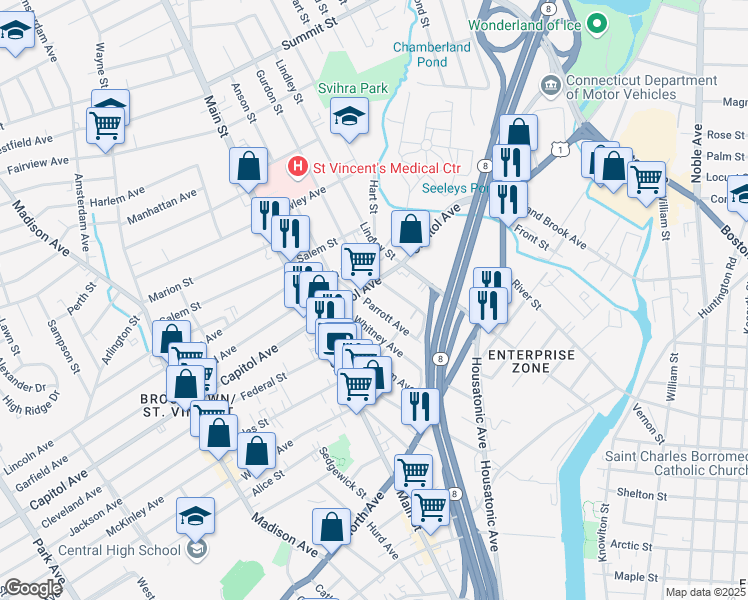 map of restaurants, bars, coffee shops, grocery stores, and more near 244 Parrott Avenue in Bridgeport