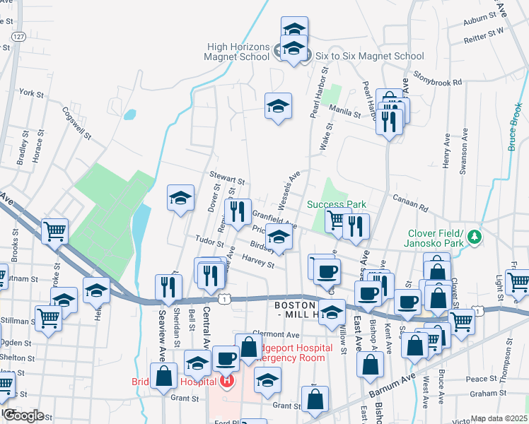 map of restaurants, bars, coffee shops, grocery stores, and more near 57 Granfield Avenue in Bridgeport