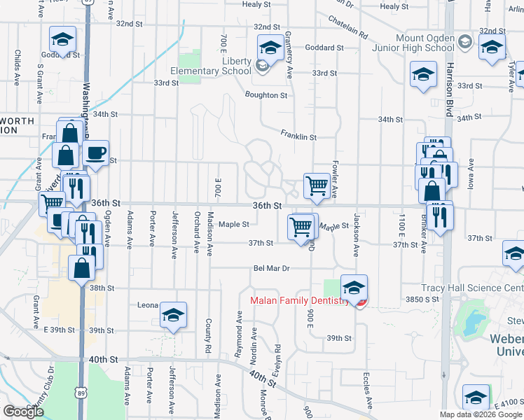 map of restaurants, bars, coffee shops, grocery stores, and more near 3602 Monroe Boulevard in Ogden