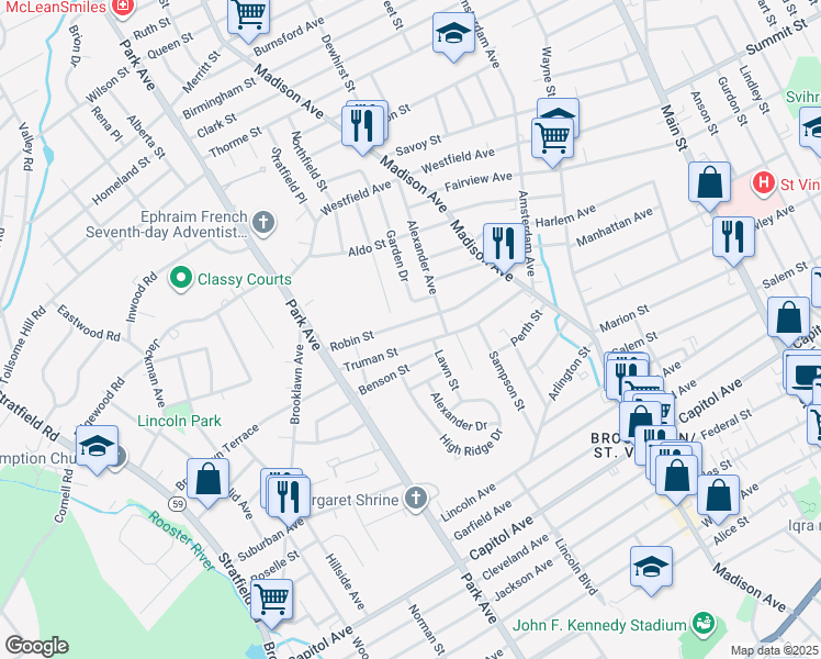 map of restaurants, bars, coffee shops, grocery stores, and more near 223 Robin Street in Bridgeport