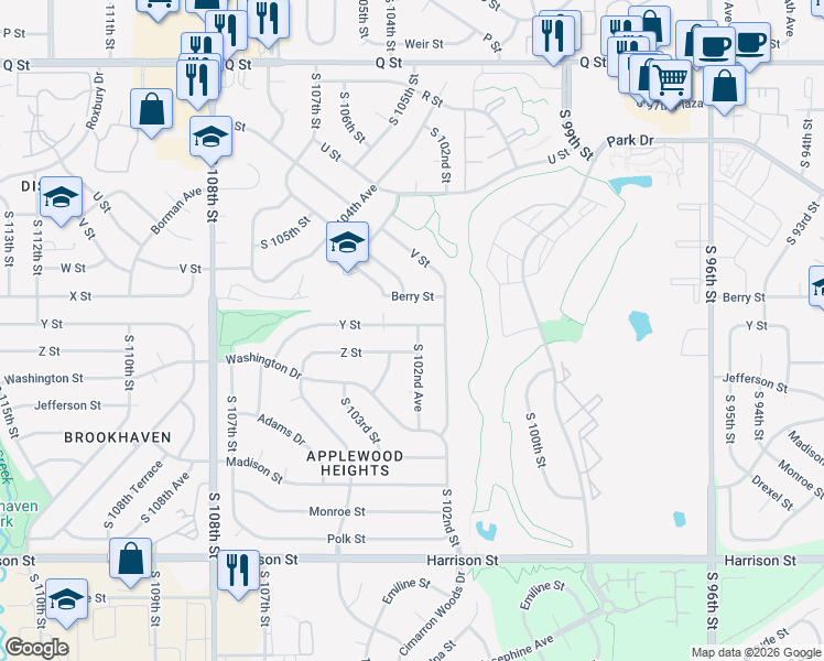 map of restaurants, bars, coffee shops, grocery stores, and more near 10255 Y Street in Omaha