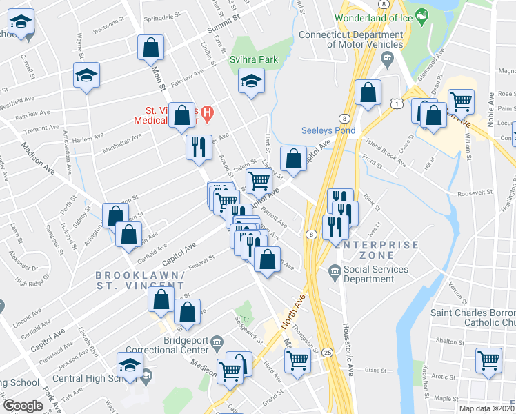 map of restaurants, bars, coffee shops, grocery stores, and more near 269 Parrott Avenue in Bridgeport