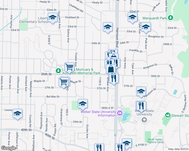 map of restaurants, bars, coffee shops, grocery stores, and more near 1065 36th Street in Ogden