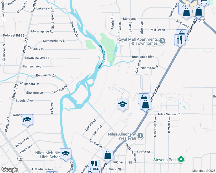 map of restaurants, bars, coffee shops, grocery stores, and more near 45 Woodland Chase Blvd in Niles