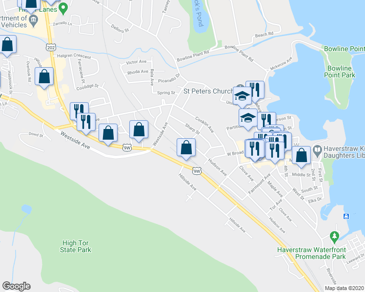 map of restaurants, bars, coffee shops, grocery stores, and more near 42 Leonard Street in Haverstraw