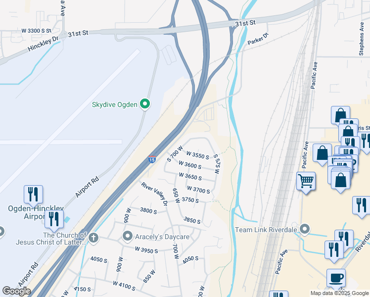 map of restaurants, bars, coffee shops, grocery stores, and more near 3544 575 West in Riverdale